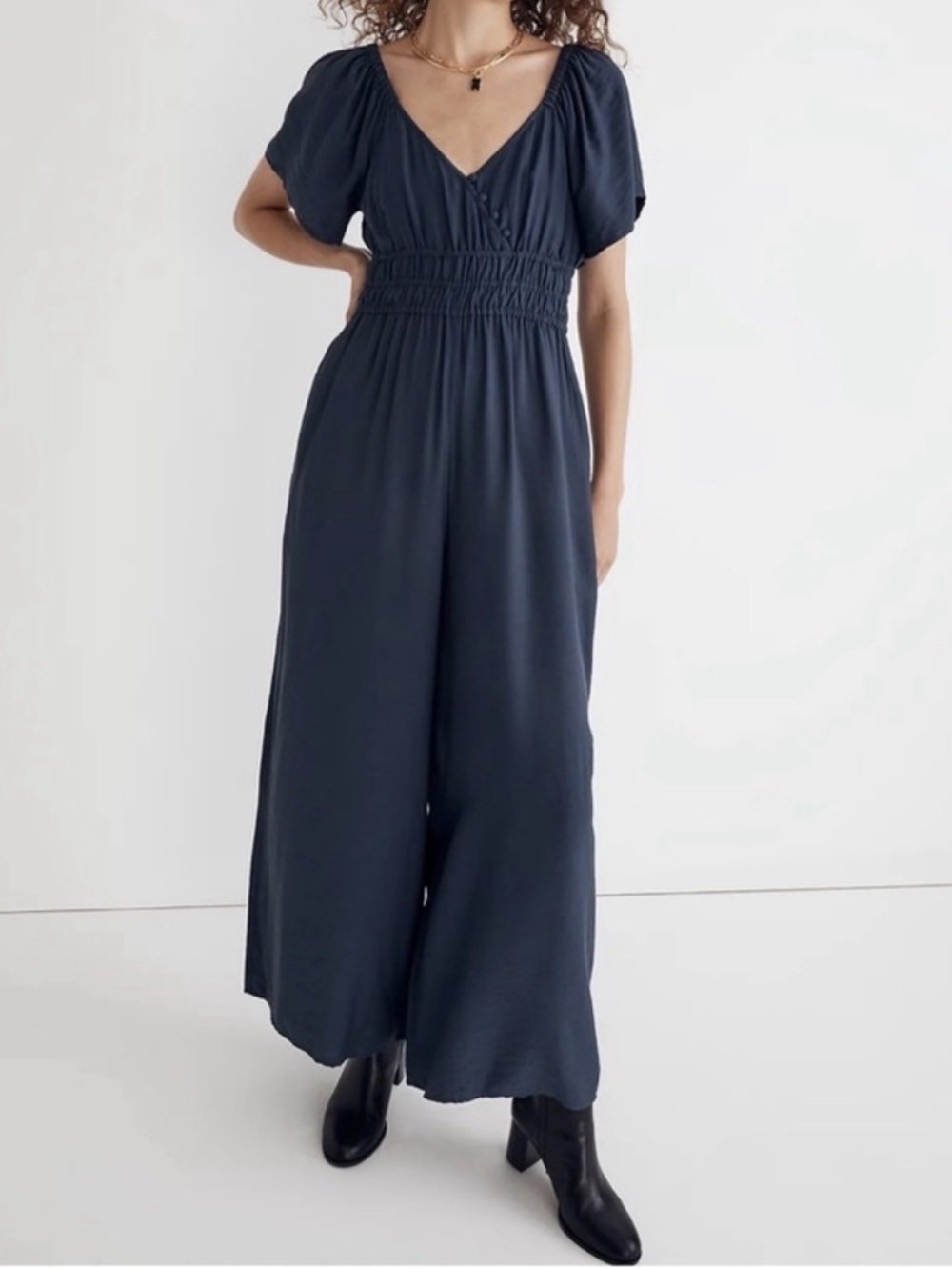 Madewell Dark Baltic V-Neck Twill Wide-Leg Jumpsuit
